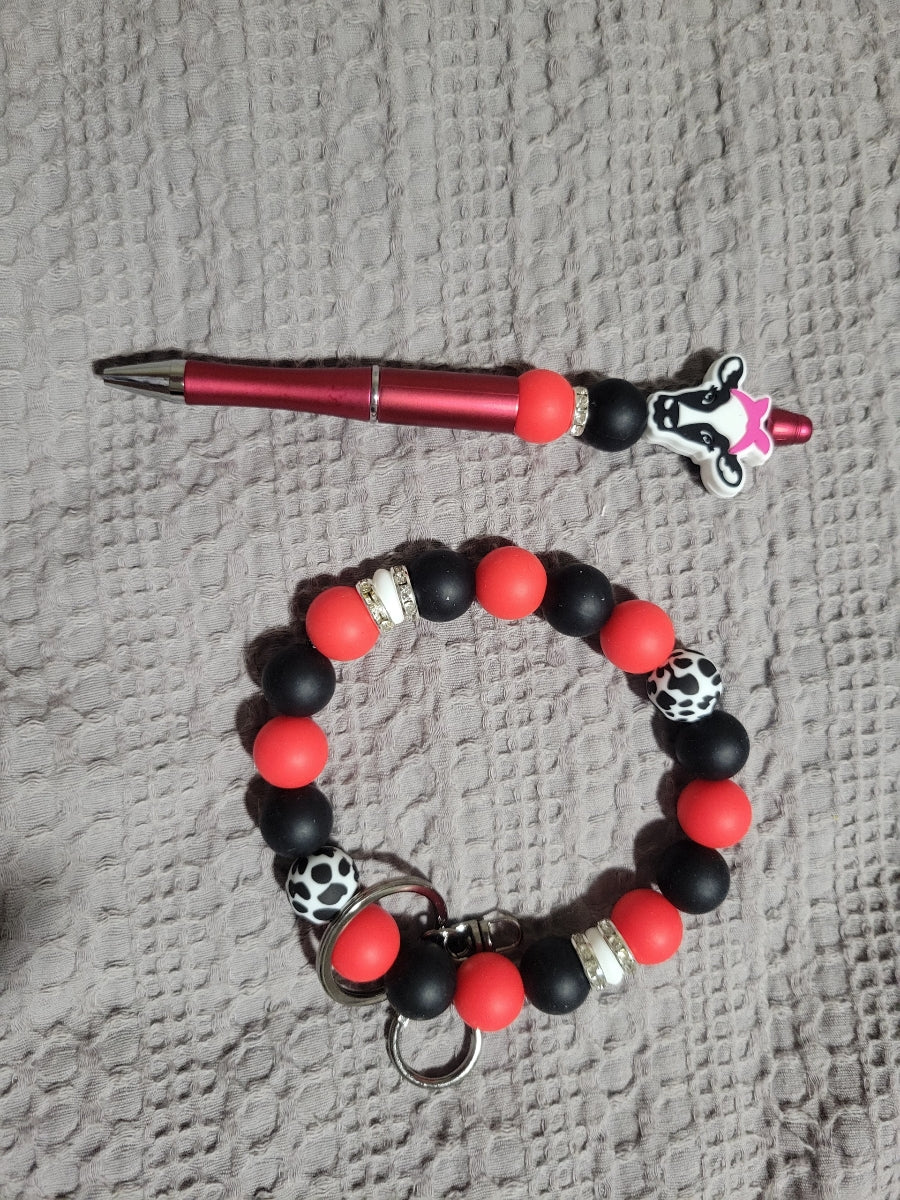 Red & Black Cow Wristlet & Pen Set